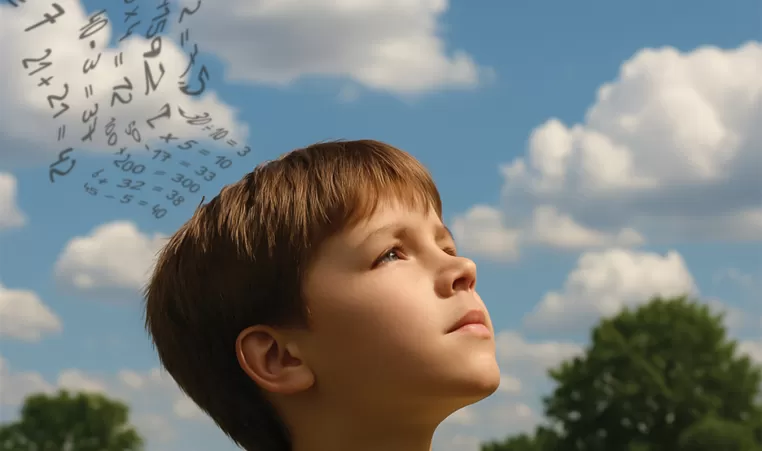 a young boy with math equations floating out of his head
