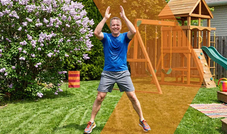 mad doing jumping jacks in his backyard on a summer day
