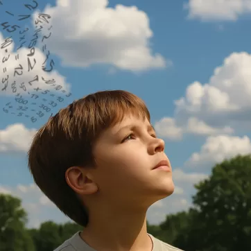 a young boy with math equations floating out of his head