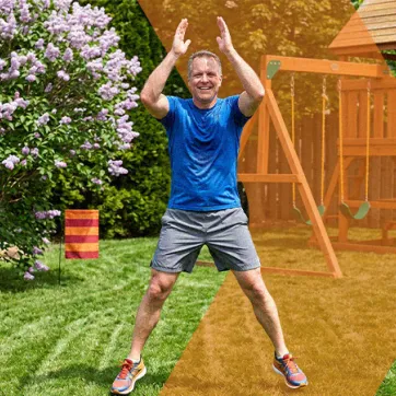 mad doing jumping jacks in his backyard on a summer day
